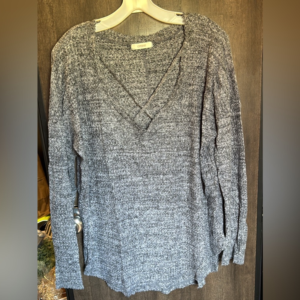 Gray V-Neck Sweater with Crisscross Detail